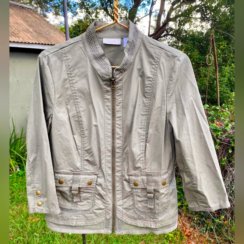 Chico's Size 1 Army Green Cotton/Spandex Jacket
